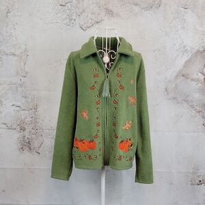 American Vintage Green Embroidered Jacket with Pumpkin Design Womens Size L